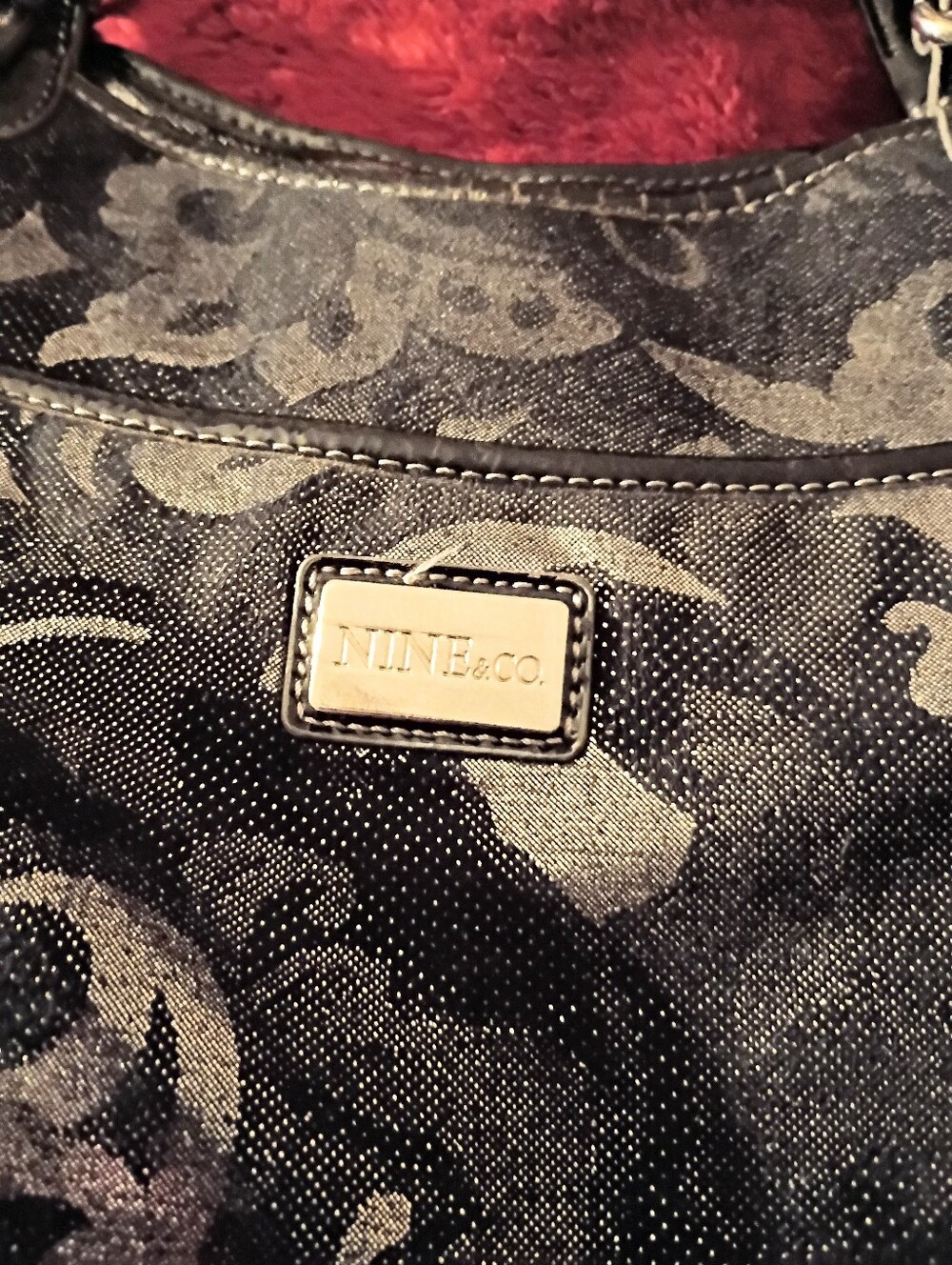 Nine & Co. Black Floral Jacquard Shoulder Bag with Logo Plaque